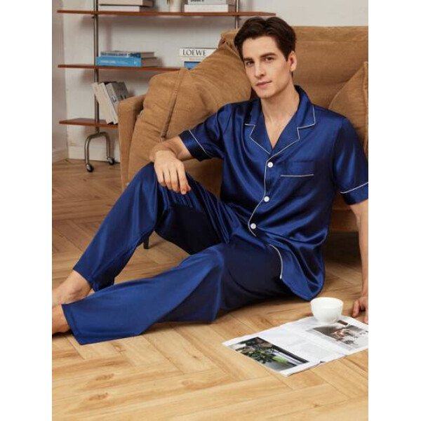 SHEIN EverLounge Pijama de satén con top y pantalones con ribete de contraste para hombre