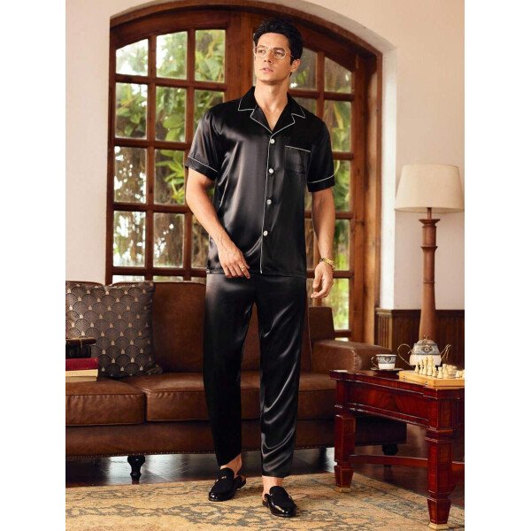 SHEIN EverLounge Pijama de satén con top y pantalones con ribete de contraste para hombre - Imagen 2