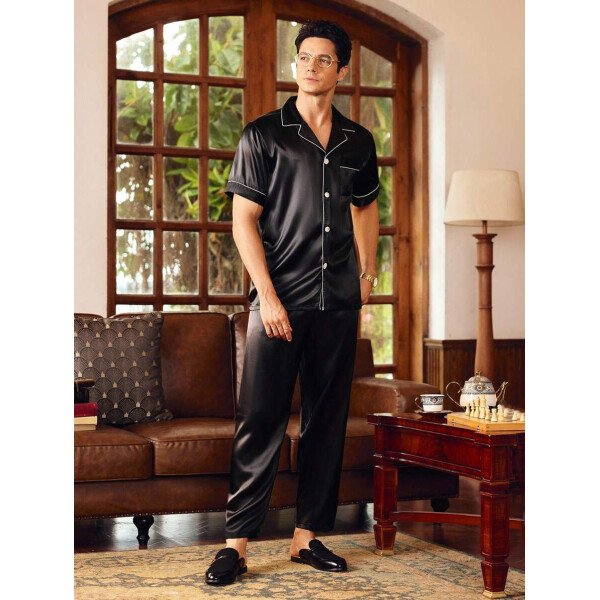 SHEIN EverLounge Pijama de satén con top y pantalones con ribete de contraste para hombre - Imagen 6