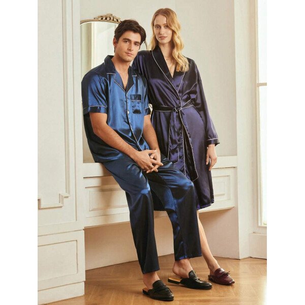 SHEIN EverLounge Pijama de satén con top y pantalones con ribete de contraste para hombre - Imagen 9