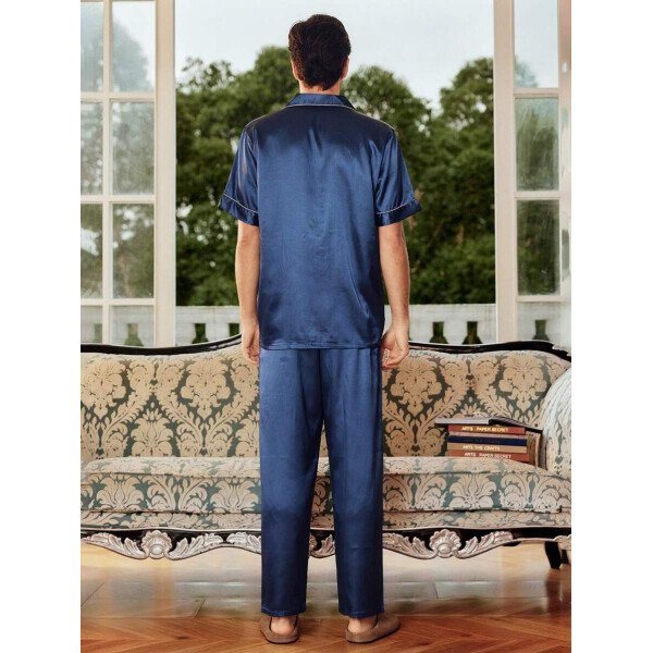 SHEIN EverLounge Pijama de satén con top y pantalones con ribete de contraste para hombre - Imagen 10