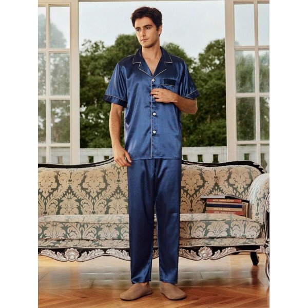 SHEIN EverLounge Pijama de satén con top y pantalones con ribete de contraste para hombre - Imagen 11