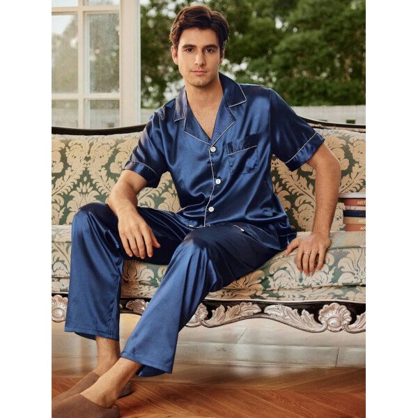 SHEIN EverLounge Pijama de satén con top y pantalones con ribete de contraste para hombre - Imagen 12