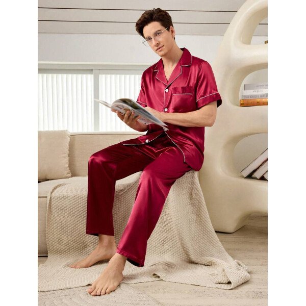 SHEIN EverLounge Pijama de satén con top y pantalones con ribete de contraste para hombre - Imagen 14
