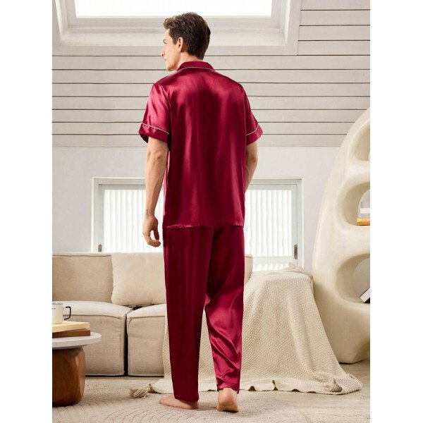 SHEIN EverLounge Pijama de satén con top y pantalones con ribete de contraste para hombre - Imagen 15