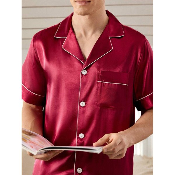 SHEIN EverLounge Pijama de satén con top y pantalones con ribete de contraste para hombre - Imagen 16