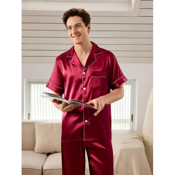SHEIN EverLounge Pijama de satén con top y pantalones con ribete de contraste para hombre - Imagen 18