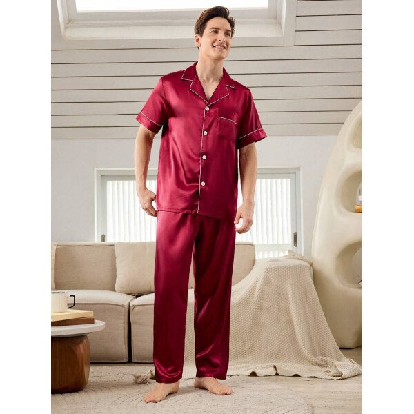 SHEIN EverLounge Pijama de satén con top y pantalones con ribete de contraste para hombre - Imagen 19