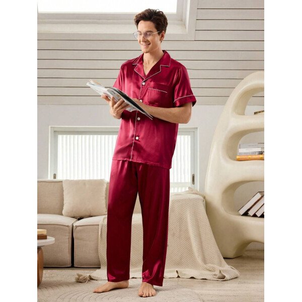 SHEIN EverLounge Pijama de satén con top y pantalones con ribete de contraste para hombre - Imagen 20