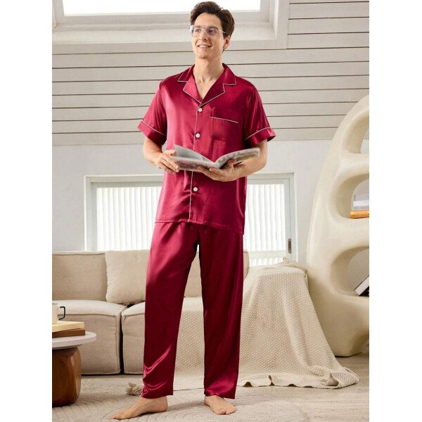 SHEIN EverLounge Pijama de satén con top y pantalones con ribete de contraste para hombre - Imagen 21