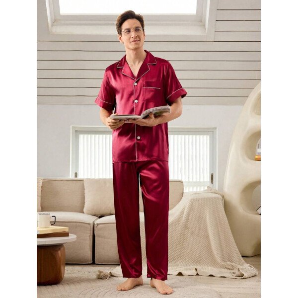 SHEIN EverLounge Pijama de satén con top y pantalones con ribete de contraste para hombre - Imagen 22