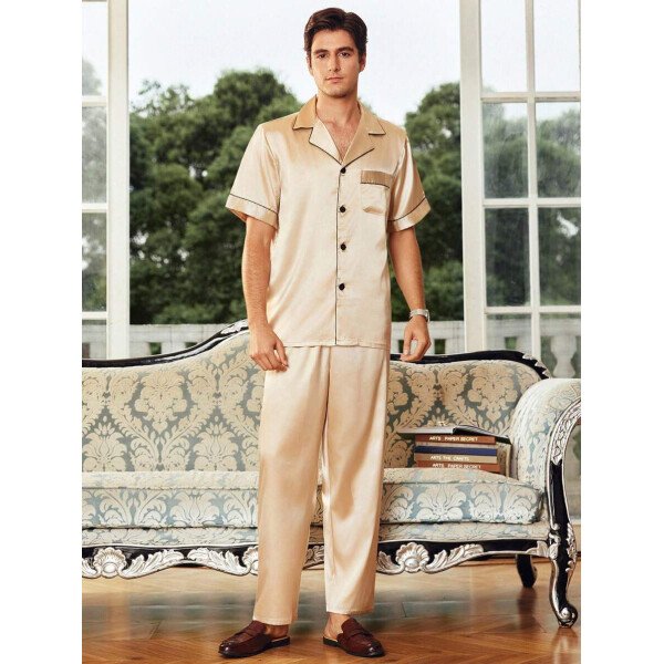 SHEIN EverLounge Pijama de satén con top y pantalones con ribete de contraste para hombre - Imagen 25