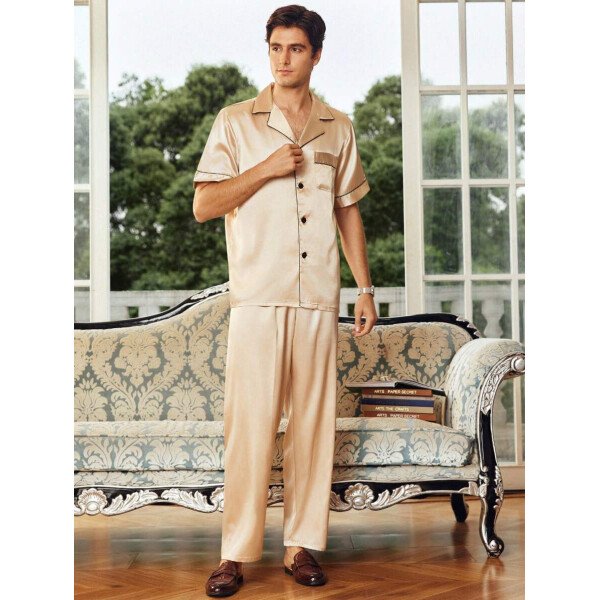 SHEIN EverLounge Pijama de satén con top y pantalones con ribete de contraste para hombre - Imagen 26