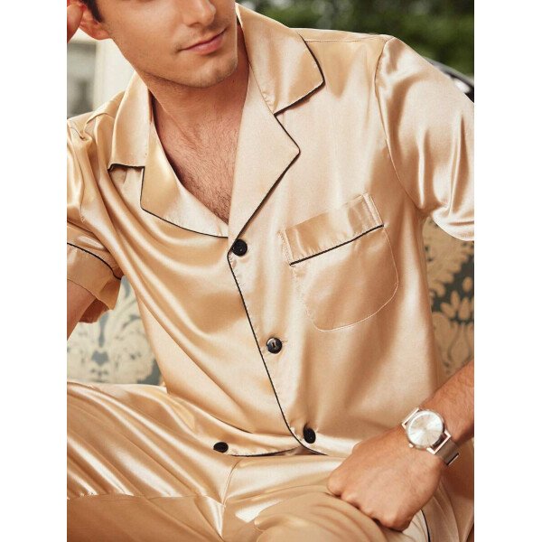 SHEIN EverLounge Pijama de satén con top y pantalones con ribete de contraste para hombre - Imagen 27