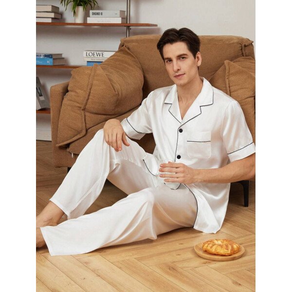 SHEIN EverLounge Pijama de satén con top y pantalones con ribete de contraste para hombre - Imagen 28