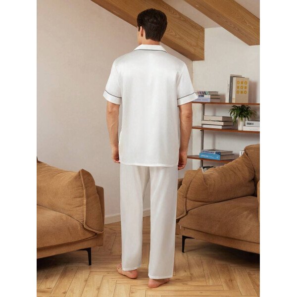 SHEIN EverLounge Pijama de satén con top y pantalones con ribete de contraste para hombre - Imagen 29
