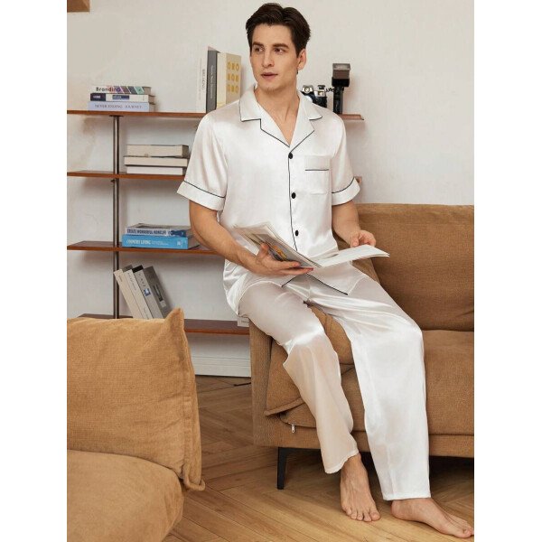SHEIN EverLounge Pijama de satén con top y pantalones con ribete de contraste para hombre - Imagen 30