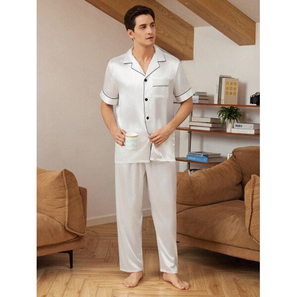 SHEIN EverLounge Pijama de satén con top y pantalones con ribete de contraste para hombre - Imagen 31