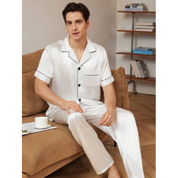 SHEIN EverLounge Pijama de satén con top y pantalones con ribete de contraste para hombre - Imagen 32