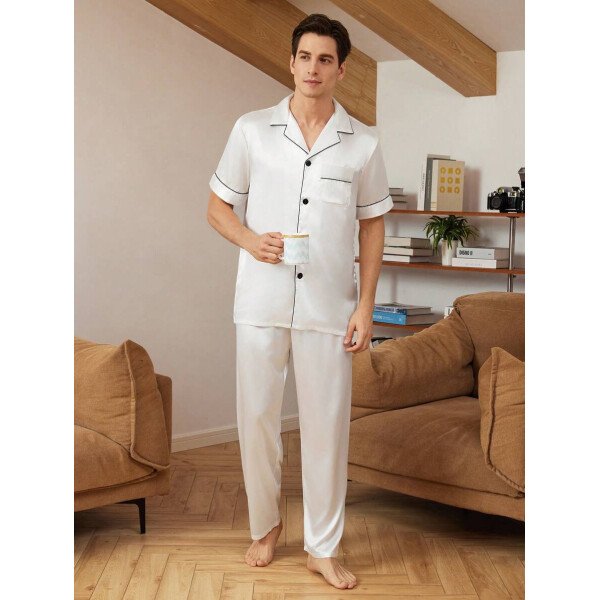 SHEIN EverLounge Pijama de satén con top y pantalones con ribete de contraste para hombre - Imagen 33