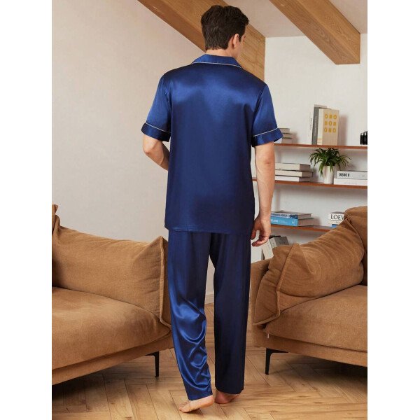 SHEIN EverLounge Pijama de satén con top y pantalones con ribete de contraste para hombre - Imagen 35
