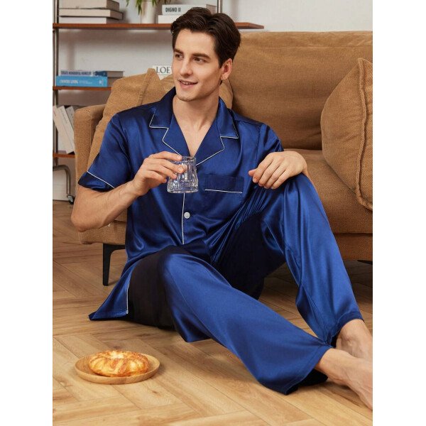 SHEIN EverLounge Pijama de satén con top y pantalones con ribete de contraste para hombre - Imagen 36