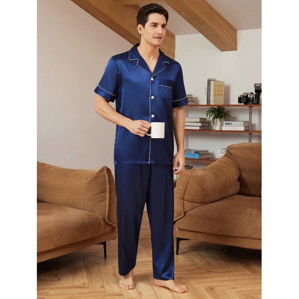 SHEIN EverLounge Pijama de satén con top y pantalones con ribete de contraste para hombre - Imagen 37
