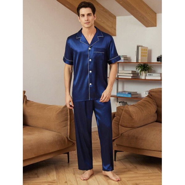 SHEIN EverLounge Pijama de satén con top y pantalones con ribete de contraste para hombre - Imagen 38