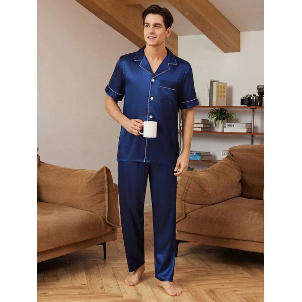 SHEIN EverLounge Pijama de satén con top y pantalones con ribete de contraste para hombre - Imagen 39
