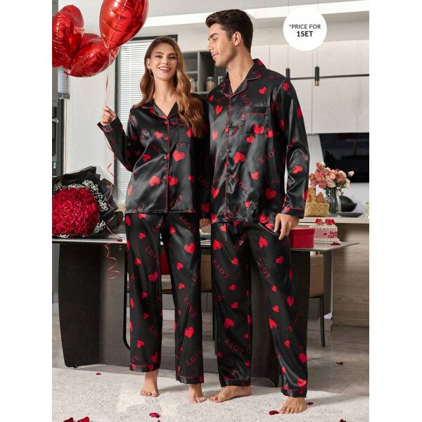 Manfinity CoupledUp Conjunto de pijama para hombre de cuello vuelto de seda sintética con estampado de letras y corazones - Image 7