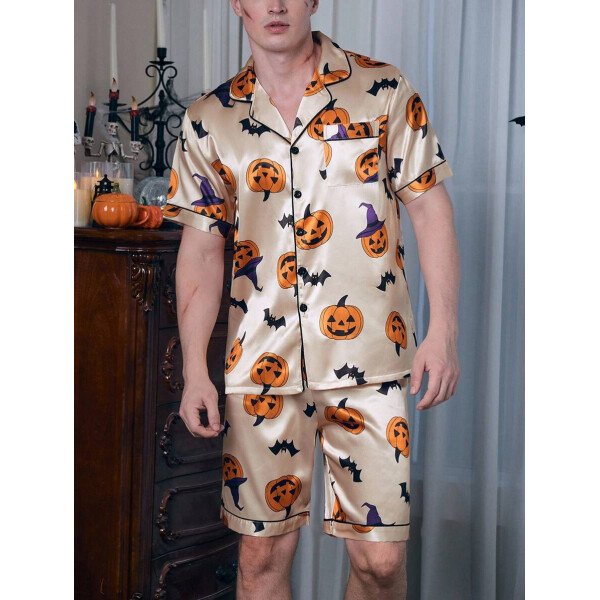 CoupledUp Conjunto de pijama de botones con estampado de temática de Halloween de seda sintética para hombre - Imagen 4