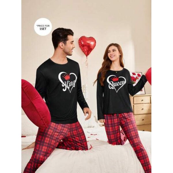 CoupledUp Conjunto de pijama de hombre con corona inglesa y pantalón de contraste de manga larga para el Día de San Valentín