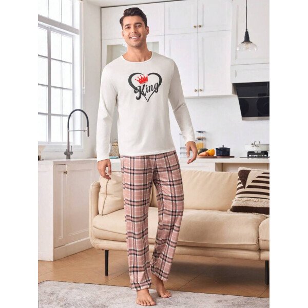 CoupledUp Conjunto de pijama de hombre con corona inglesa y pantalón de contraste de manga larga para el Día de San Valentín - Imagen 4