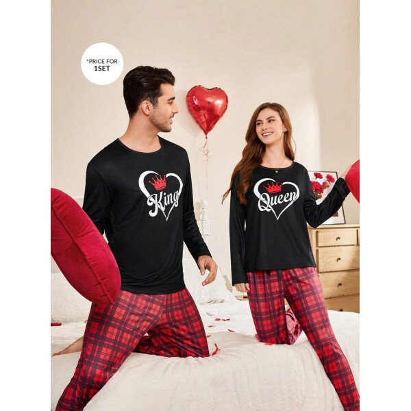 CoupledUp Conjunto de pijama de hombre con corona inglesa y pantalón de contraste de manga larga para el Día de San Valentín - Imagen 9
