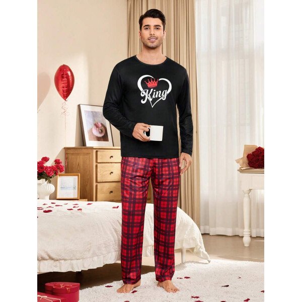 CoupledUp Conjunto de pijama de hombre con corona inglesa y pantalón de contraste de manga larga para el Día de San Valentín - Imagen 12