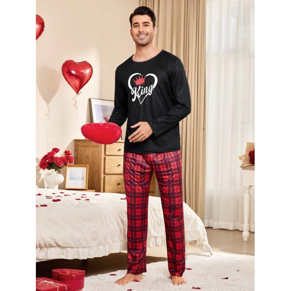 CoupledUp Conjunto de pijama de hombre con corona inglesa y pantalón de contraste de manga larga para el Día de San Valentín - Imagen 13