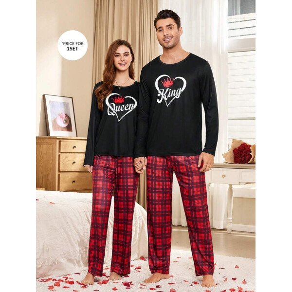CoupledUp Conjunto de pijama de hombre con corona inglesa y pantalón de contraste de manga larga para el Día de San Valentín - Imagen 15