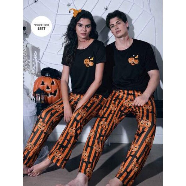 CoupledUp Conjunto de pijama casual de manga corta y pantalones con tema de calabaza de Halloween para hombres