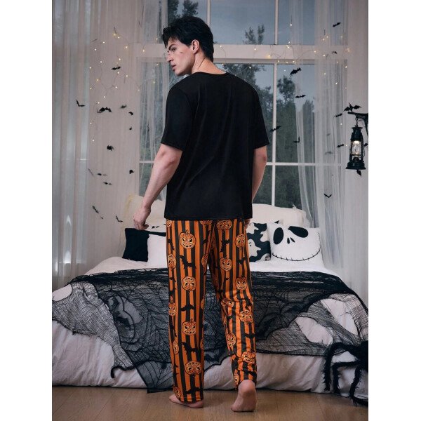 CoupledUp Conjunto de pijama casual de manga corta y pantalones con tema de calabaza de Halloween para hombres - Imagen 4