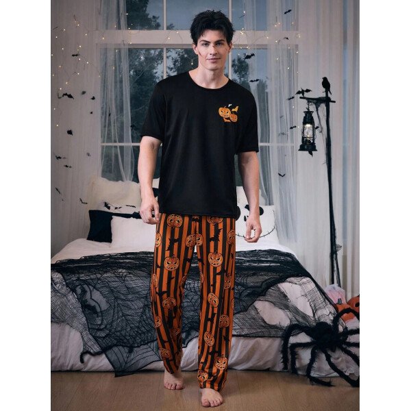 CoupledUp Conjunto de pijama casual de manga corta y pantalones con tema de calabaza de Halloween para hombres - Imagen 5