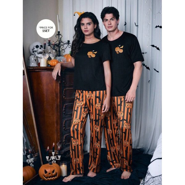 CoupledUp Conjunto de pijama casual de manga corta y pantalones con tema de calabaza de Halloween para hombres - Imagen 6