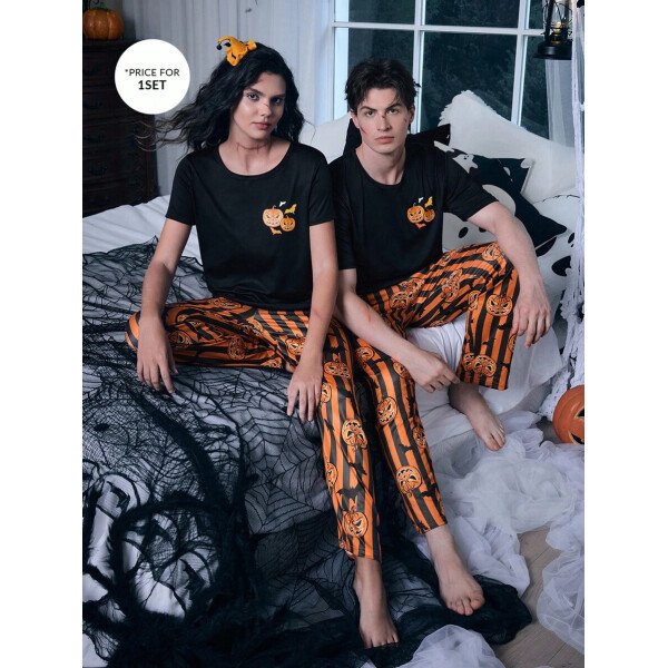 CoupledUp Conjunto de pijama casual de manga corta y pantalones con tema de calabaza de Halloween para hombres - Imagen 7