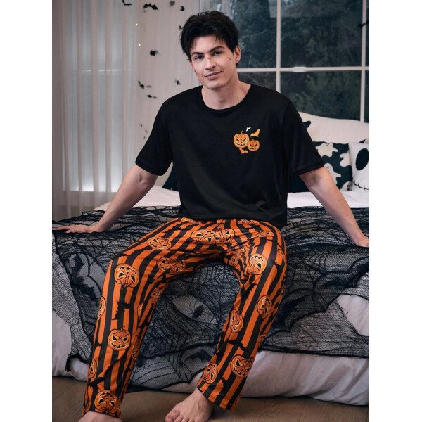 CoupledUp Conjunto de pijama casual de manga corta y pantalones con tema de calabaza de Halloween para hombres - Imagen 8