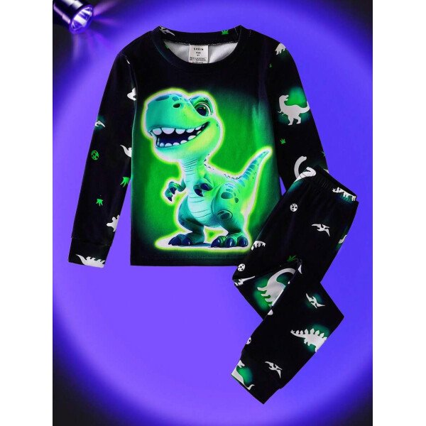 Conjunto de pijama de 2 piezas para niños pequeños con Top de manga larga con cuello redondo y estampado láser digital de dinosaurio lindo y tejido, y leggings con estampado completo de dinosaurio. Cómodo y elástico para primavera y verano - Image 2