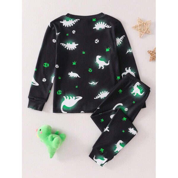 Conjunto de pijama de 2 piezas para niños pequeños con Top de manga larga con cuello redondo y estampado láser digital de dinosaurio lindo y tejido, y leggings con estampado completo de dinosaurio. Cómodo y elástico para primavera y verano - Image 3
