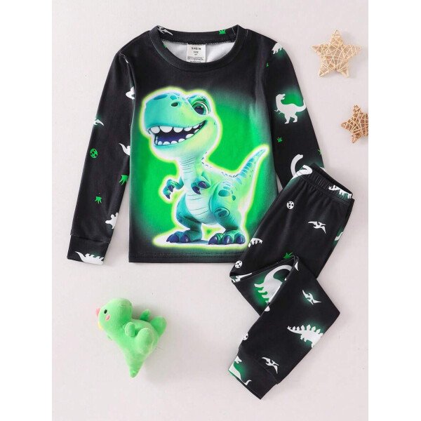 Conjunto de pijama de 2 piezas para niños pequeños con Top de manga larga con cuello redondo y estampado láser digital de dinosaurio lindo y tejido, y leggings con estampado completo de dinosaurio. Cómodo y elástico para primavera y verano - Image 4
