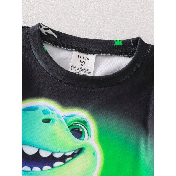 Conjunto de pijama de 2 piezas para niños pequeños con Top de manga larga con cuello redondo y estampado láser digital de dinosaurio lindo y tejido, y leggings con estampado completo de dinosaurio. Cómodo y elástico para primavera y verano - Image 5