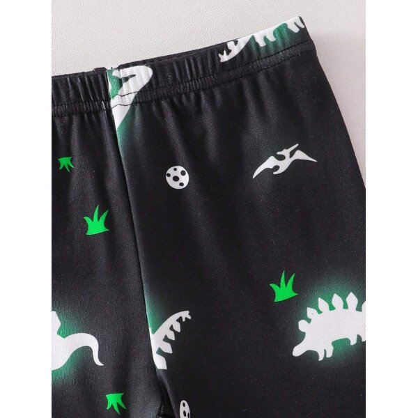 Conjunto de pijama de 2 piezas para niños pequeños con Top de manga larga con cuello redondo y estampado láser digital de dinosaurio lindo y tejido, y leggings con estampado completo de dinosaurio. Cómodo y elástico para primavera y verano - Image 6