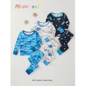 Conjunto de pijama ajustado con estampado de motocicleta para niños pequeños, camisa de manga larga y pantalones, material suave y elástico, diseño lindo y adorado por los niños