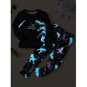 SHEIN 2 piezas Conjunto de pijama cómodo con parte superior de manga larga y pantalones, diseño de dinosaurio que brilla en la oscuridad, ajuste ceñido para niño pequeño